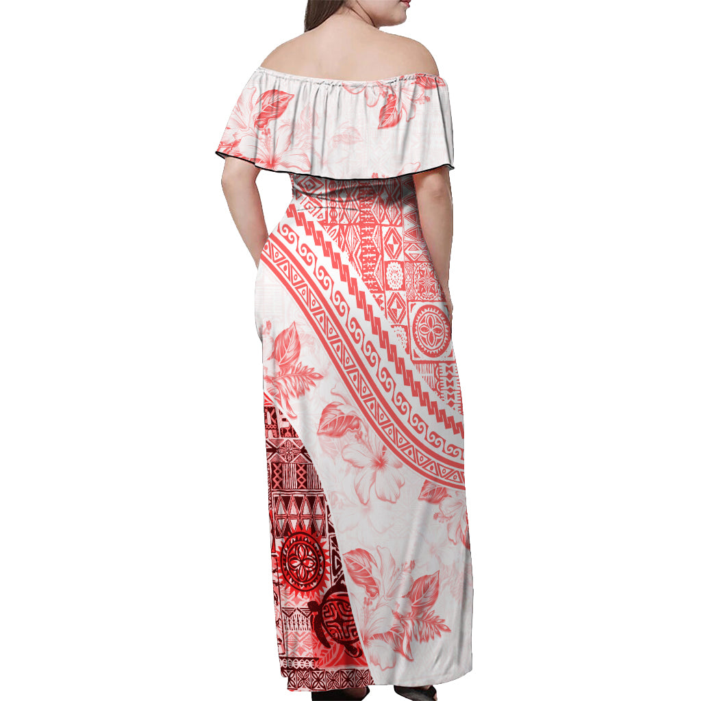 Hawaiian Tapa Off Shoulder Maxi Dress Traditional Vintage Pattern Red LT05 - Polynesian Pride