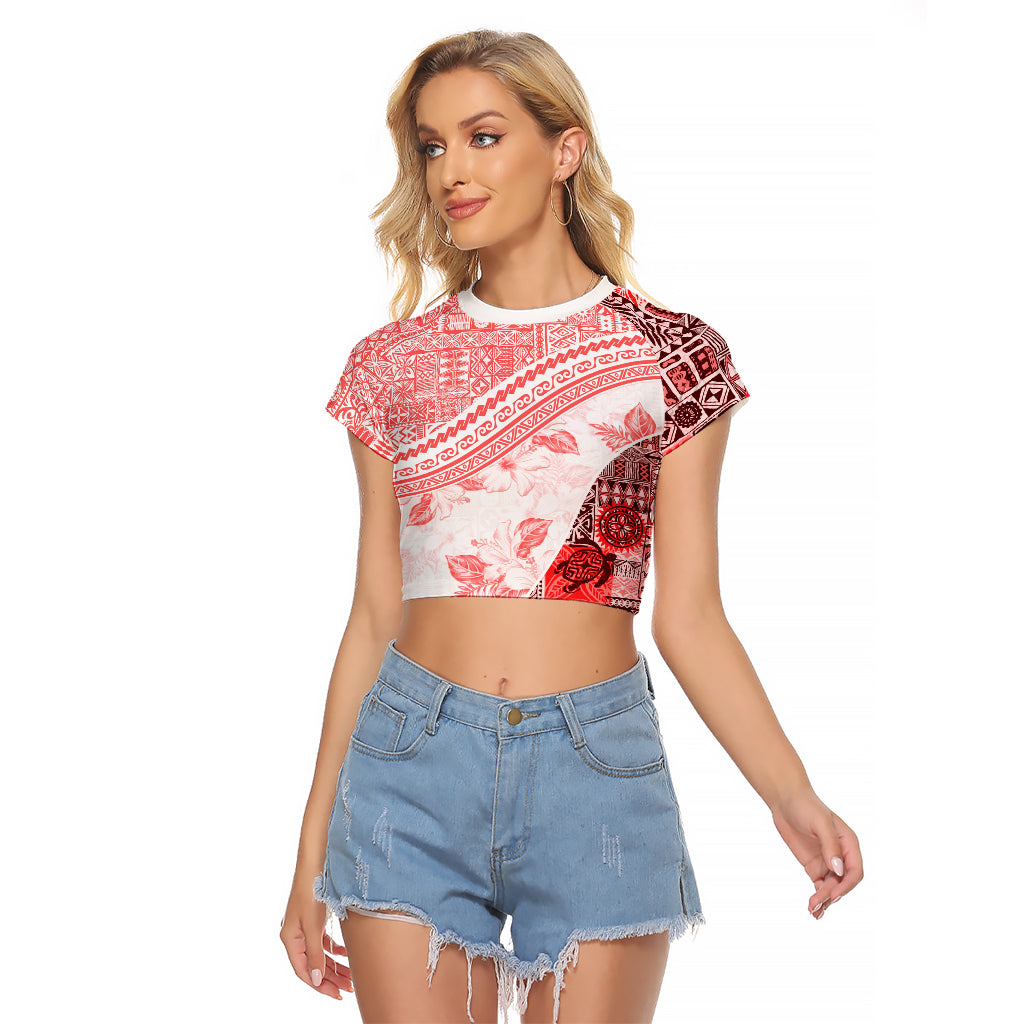 Hawaiian Tapa Raglan Cropped T Shirt Traditional Vintage Pattern Red LT05 Female Red - Polynesian Pride