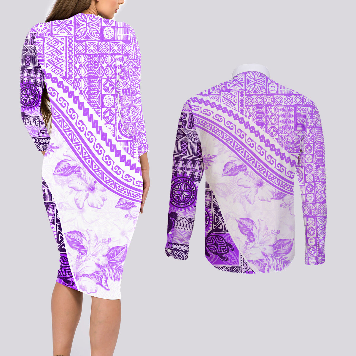 Hawaiian Tapa Couples Matching Long Sleeve Bodycon Dress and Long Sleeve Button Shirt Traditional Vintage Pattern Violet LT05 - Polynesian Pride
