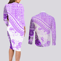 Hawaiian Tapa Couples Matching Long Sleeve Bodycon Dress and Long Sleeve Button Shirt Traditional Vintage Pattern Violet LT05 - Polynesian Pride