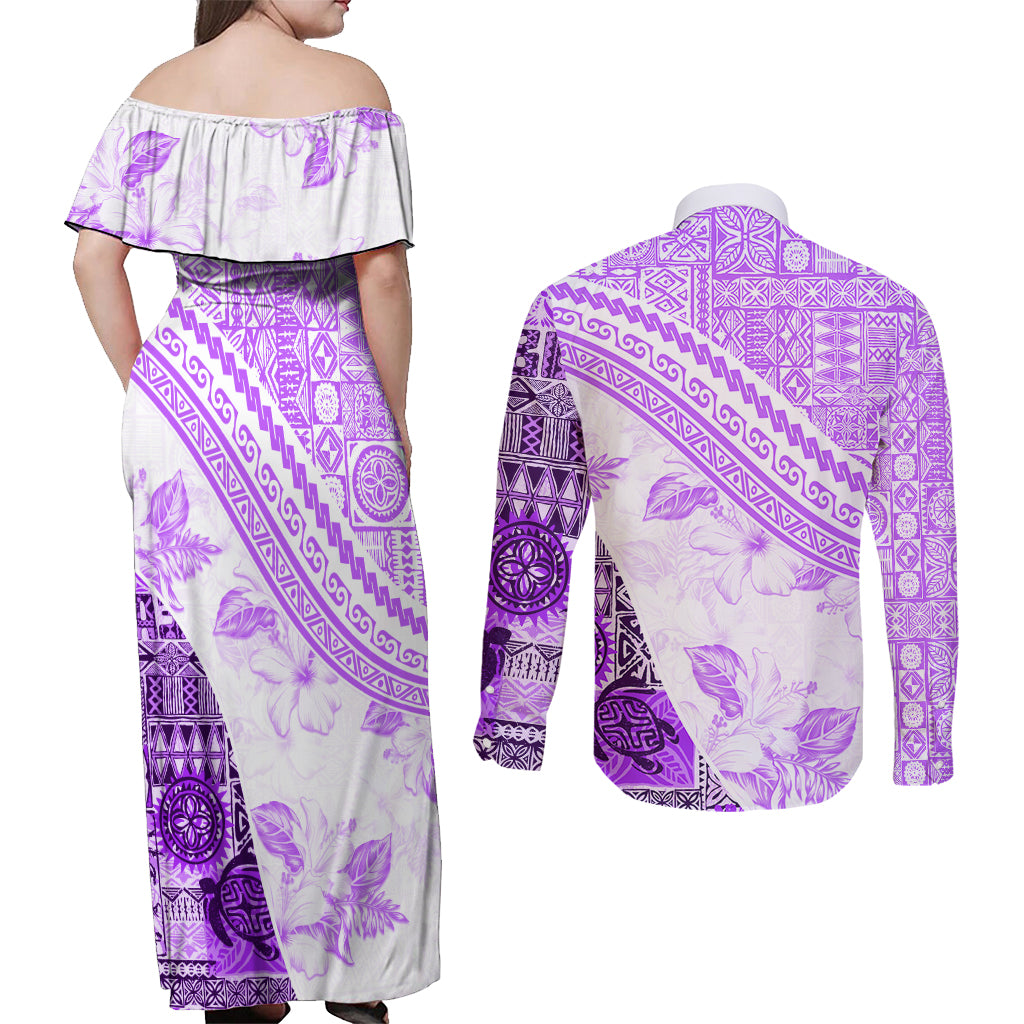 Hawaiian Tapa Couples Matching Off Shoulder Maxi Dress and Long Sleeve Button Shirt Traditional Vintage Pattern Violet LT05 - Polynesian Pride