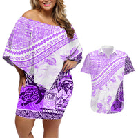 Hawaiian Tapa Couples Matching Off Shoulder Short Dress and Hawaiian Shirt Traditional Vintage Pattern Violet LT05 Violet - Polynesian Pride
