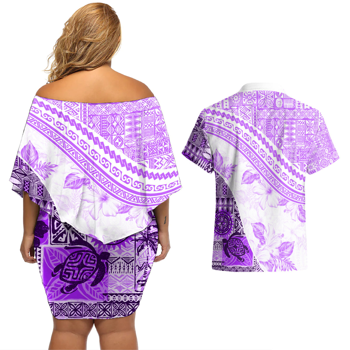 Hawaiian Tapa Couples Matching Off Shoulder Short Dress and Hawaiian Shirt Traditional Vintage Pattern Violet LT05 - Polynesian Pride