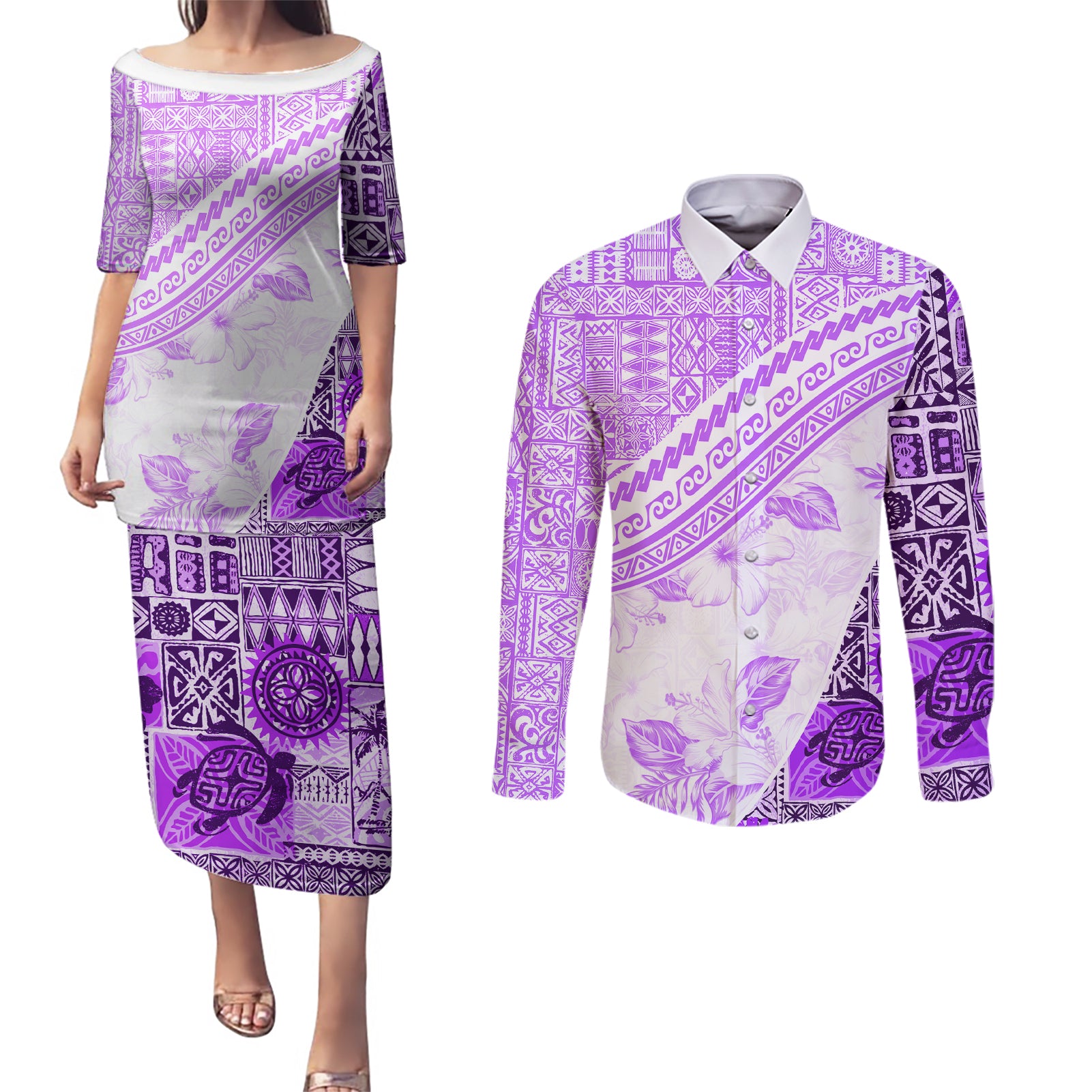 Hawaiian Tapa Couples Matching Puletasi Dress and Long Sleeve Button Shirt Traditional Vintage Pattern Violet LT05 Violet - Polynesian Pride