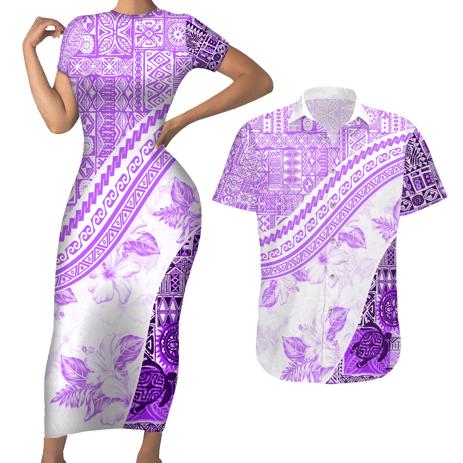 Hawaiian Tapa Couples Matching Short Sleeve Bodycon Dress and Hawaiian Shirt Traditional Vintage Pattern Violet LT05 Violet - Polynesian Pride