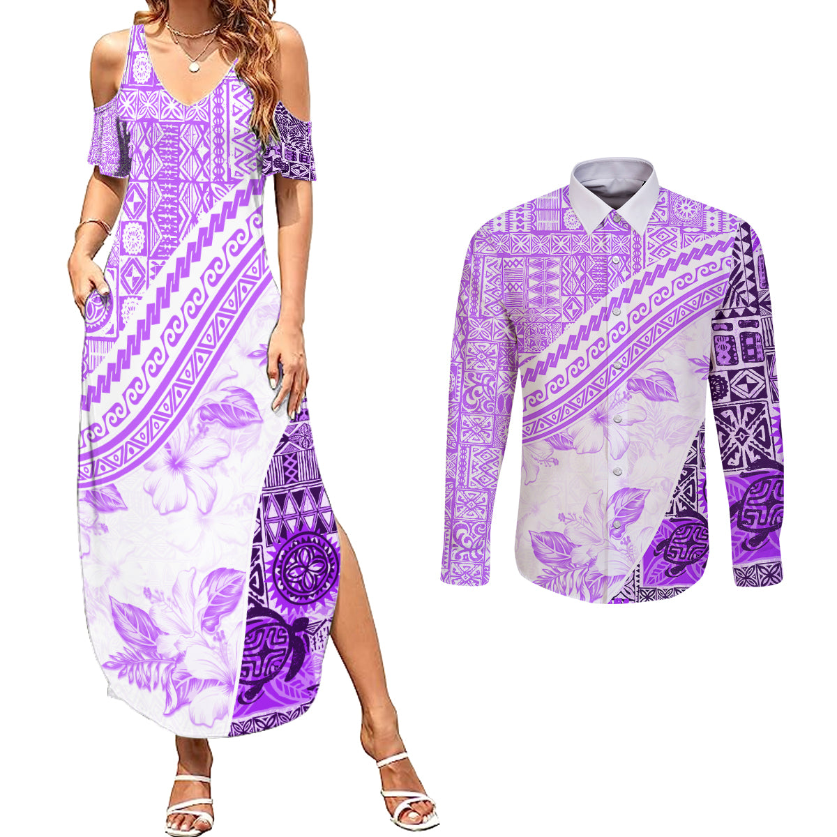 Hawaiian Tapa Couples Matching Summer Maxi Dress and Long Sleeve Button Shirt Traditional Vintage Pattern Violet LT05 Violet - Polynesian Pride