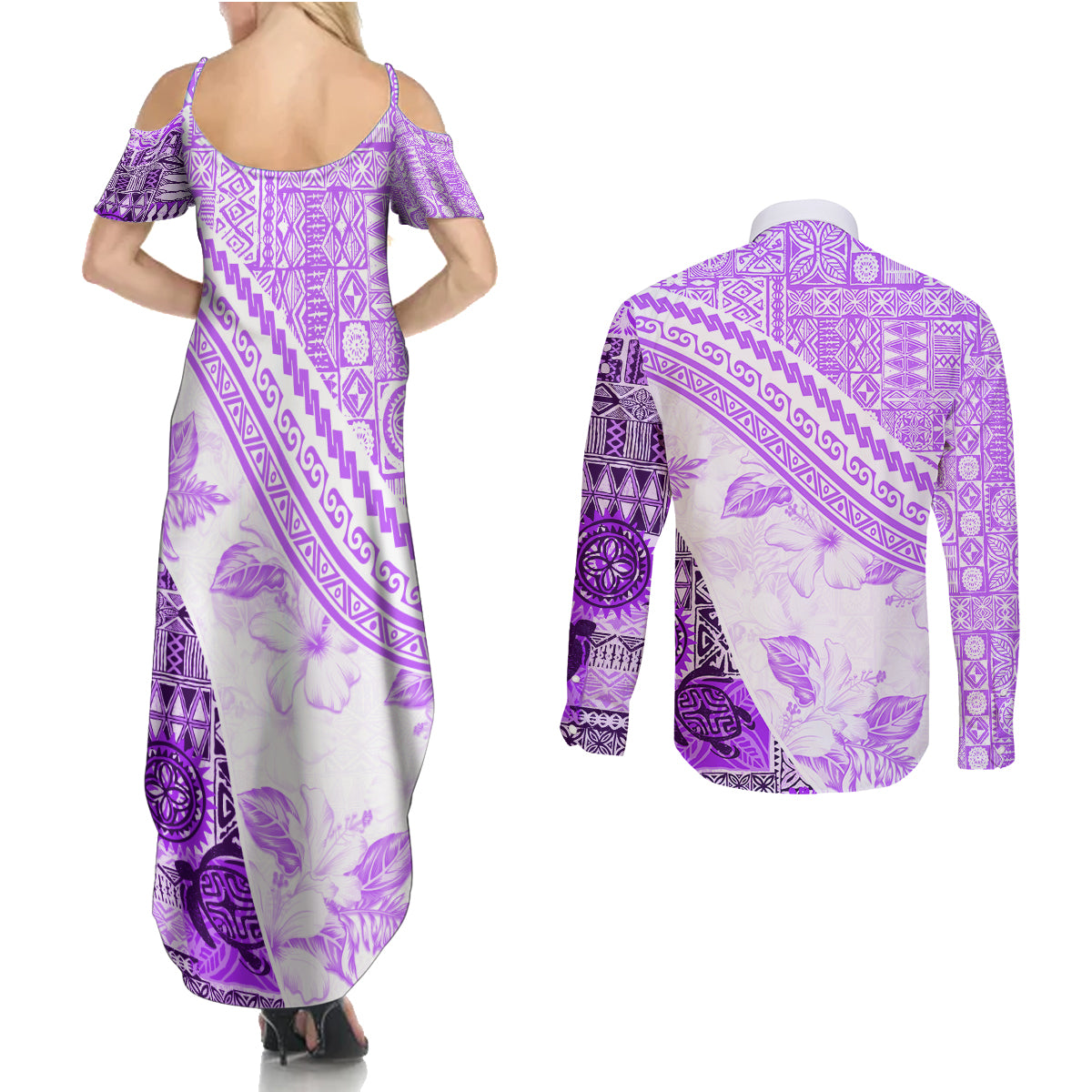 Hawaiian Tapa Couples Matching Summer Maxi Dress and Long Sleeve Button Shirt Traditional Vintage Pattern Violet LT05 - Polynesian Pride