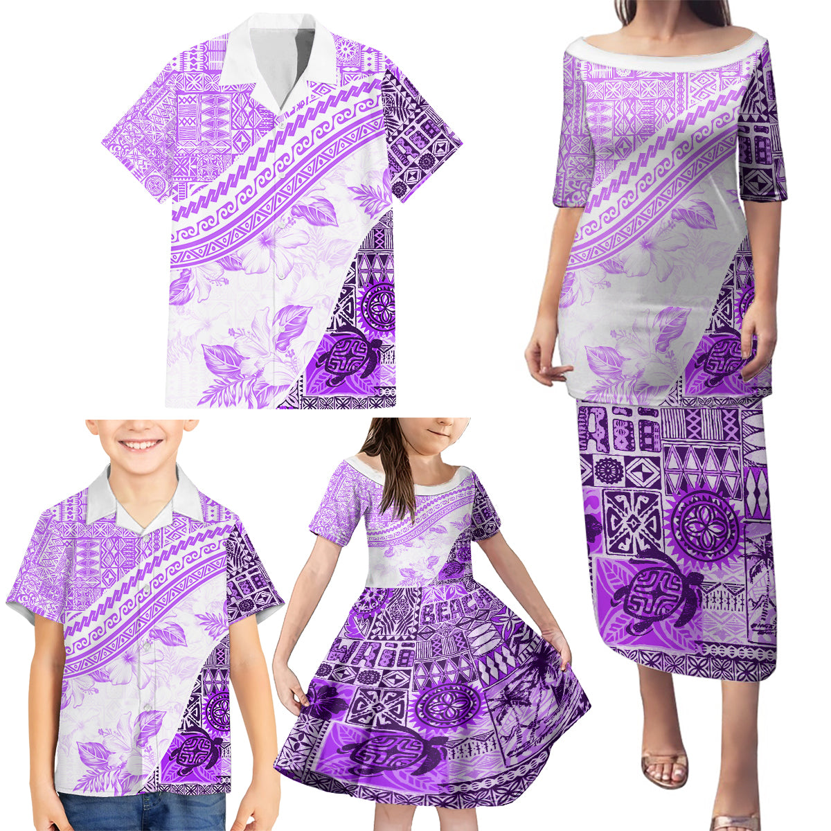 Hawaiian Tapa Family Matching Puletasi Dress and Hawaiian Shirt Traditional Vintage Pattern Violet LT05 - Polynesian Pride