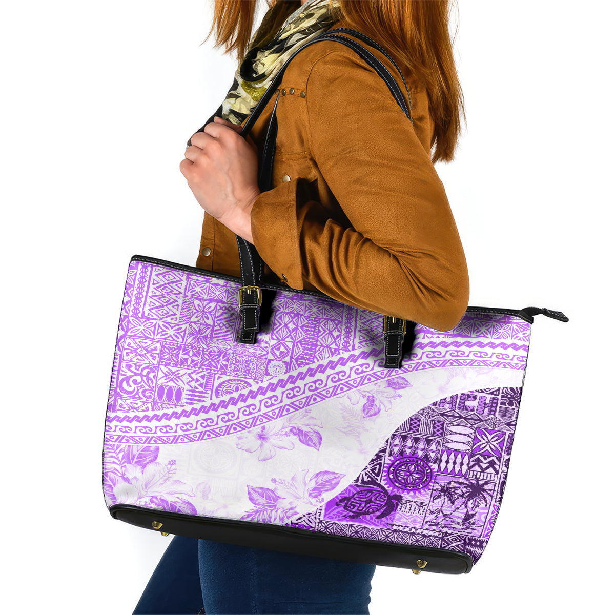 Hawaiian Tapa Leather Tote Bag Traditional Vintage Pattern Violet LT05 Violet - Polynesian Pride