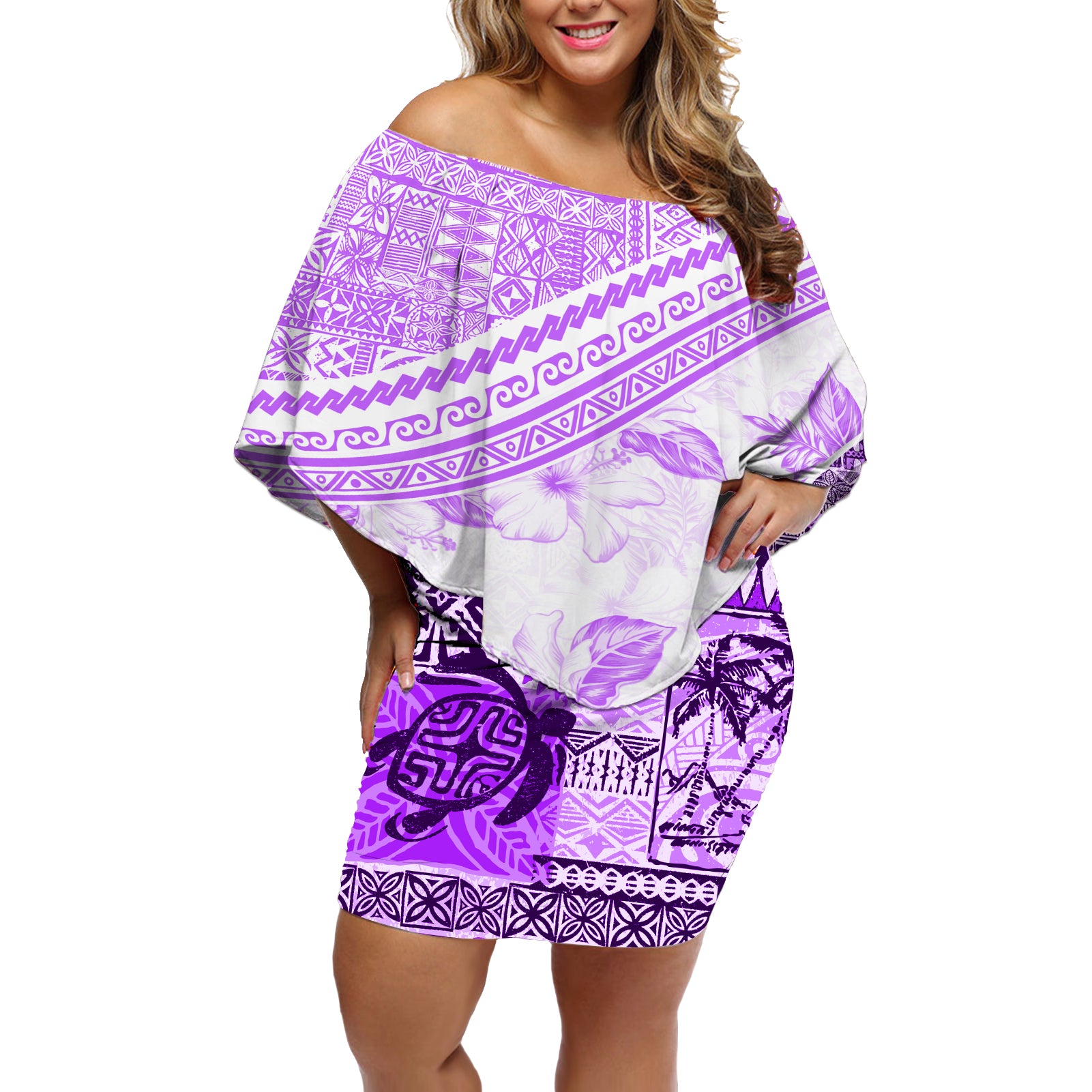 Hawaiian Tapa Off Shoulder Short Dress Traditional Vintage Pattern Violet LT05 Women Violet - Polynesian Pride