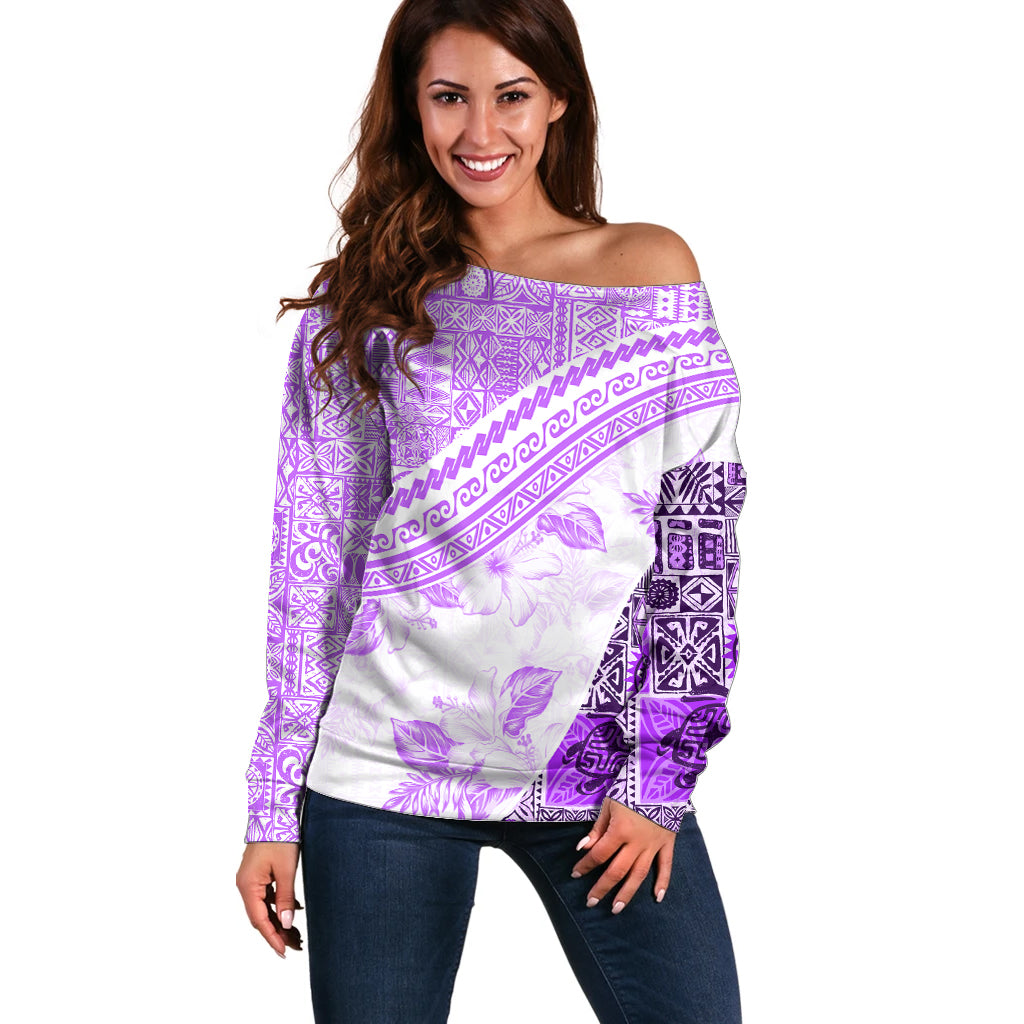 Hawaiian Tapa Off Shoulder Sweater Traditional Vintage Pattern Violet LT05 Women Violet - Polynesian Pride