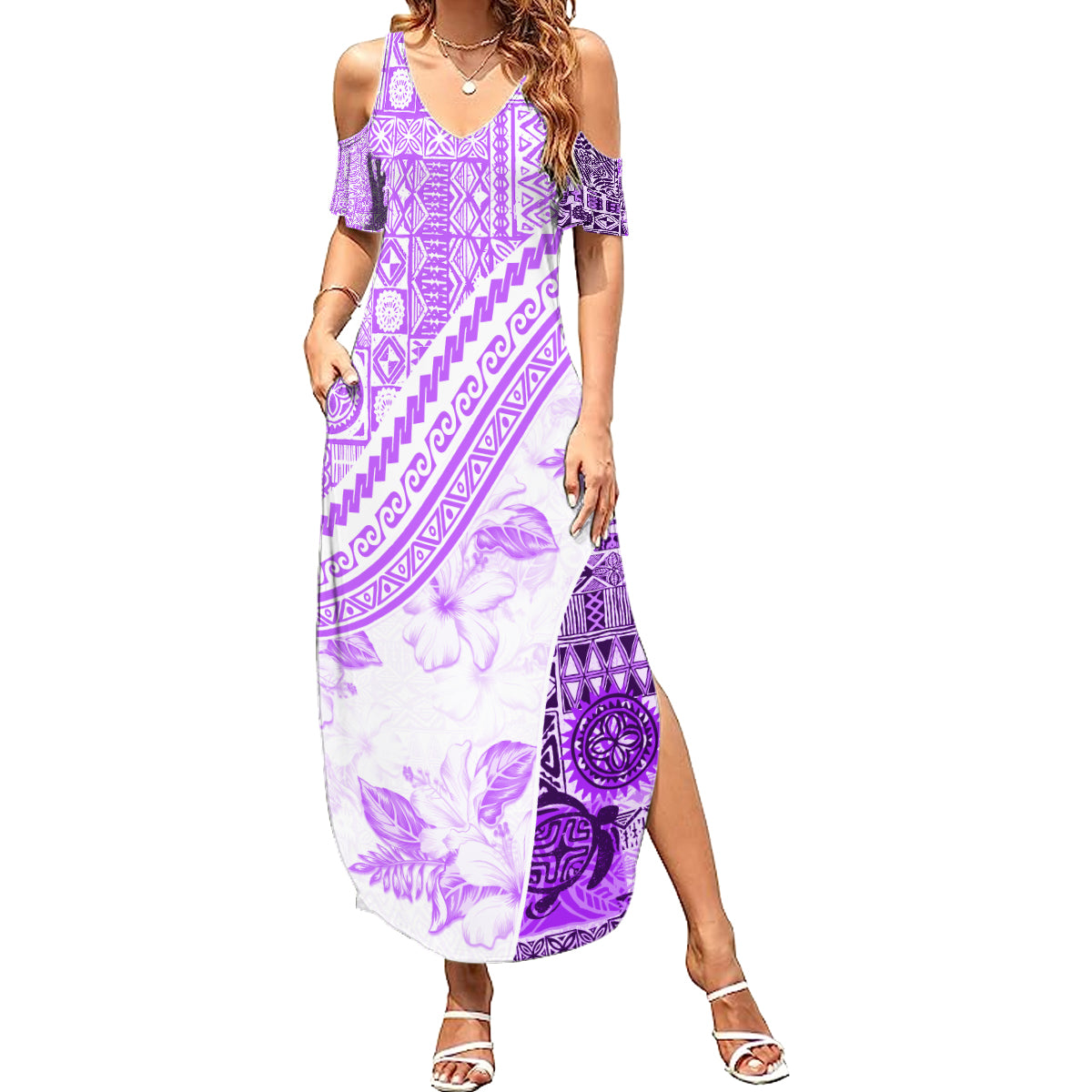 Hawaiian Tapa Summer Maxi Dress Traditional Vintage Pattern Violet LT05 Women Violet - Polynesian Pride