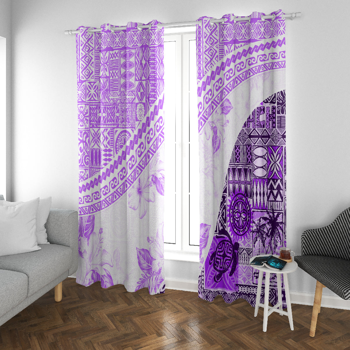 Hawaiian Tapa Window Curtain Traditional Vintage Pattern Violet LT05 With Grommets Violet - Polynesian Pride