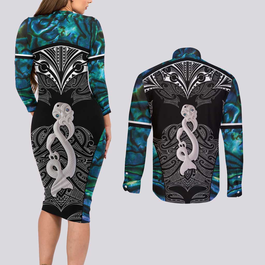 New Zealand Aotearoa Couples Matching Long Sleeve Bodycon Dress and Long Sleeve Button Shirt Maori Taniwha Paua Shell