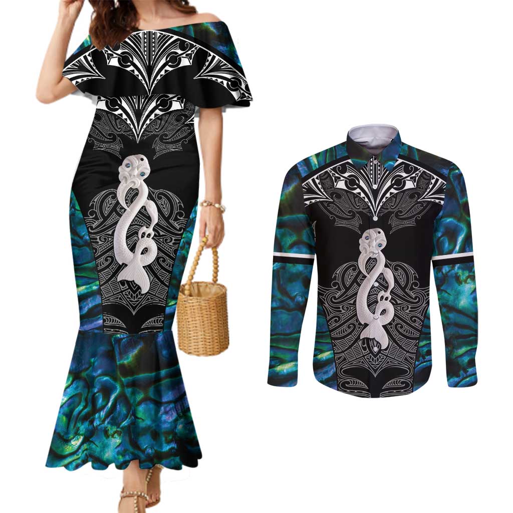 New Zealand Aotearoa Couples Matching Mermaid Dress and Long Sleeve Button Shirt Maori Taniwha Paua Shell