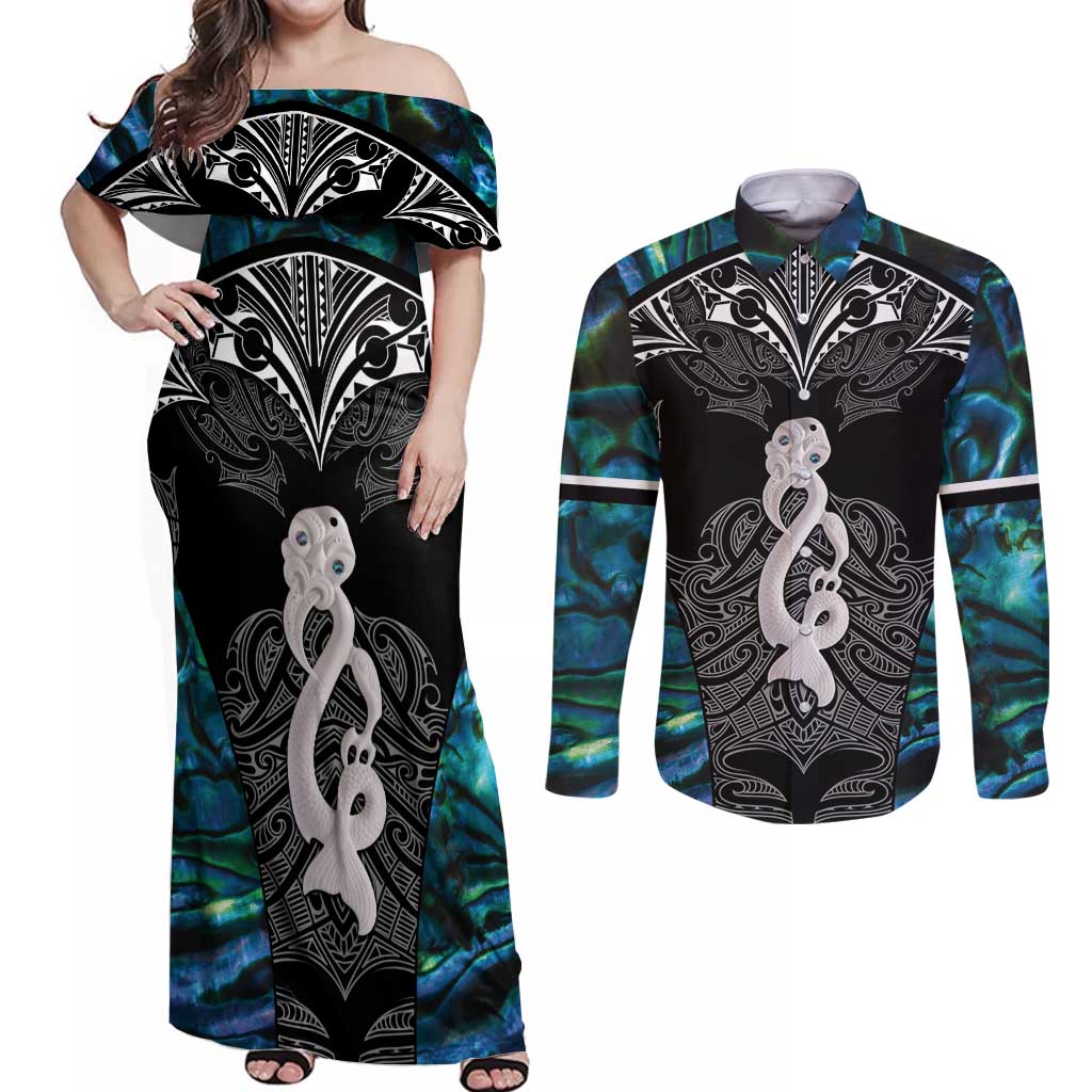 New Zealand Aotearoa Couples Matching Off Shoulder Maxi Dress and Long Sleeve Button Shirt Maori Taniwha Paua Shell
