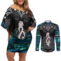 New Zealand Aotearoa Couples Matching Off Shoulder Short Dress and Long Sleeve Button Shirt Maori Taniwha Paua Shell