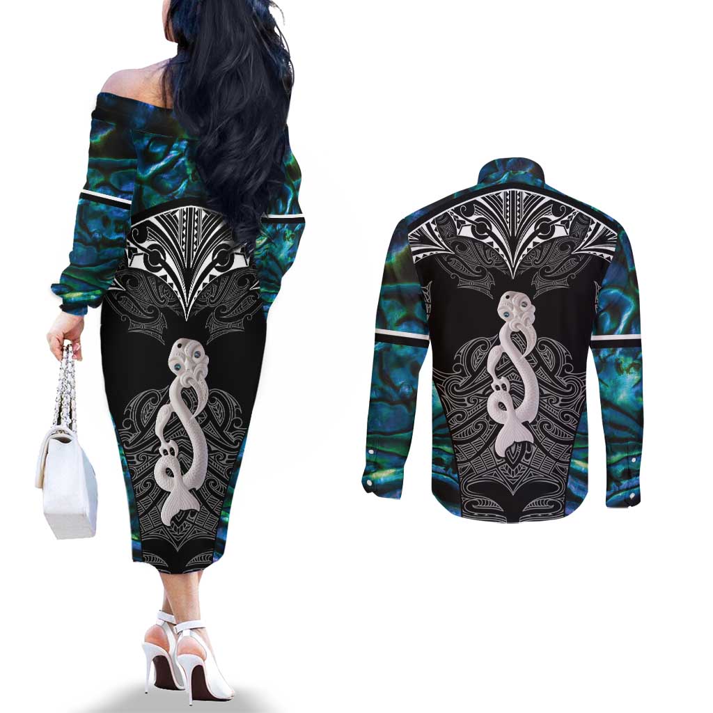 New Zealand Aotearoa Couples Matching Off The Shoulder Long Sleeve Dress and Long Sleeve Button Shirt Maori Taniwha Paua Shell