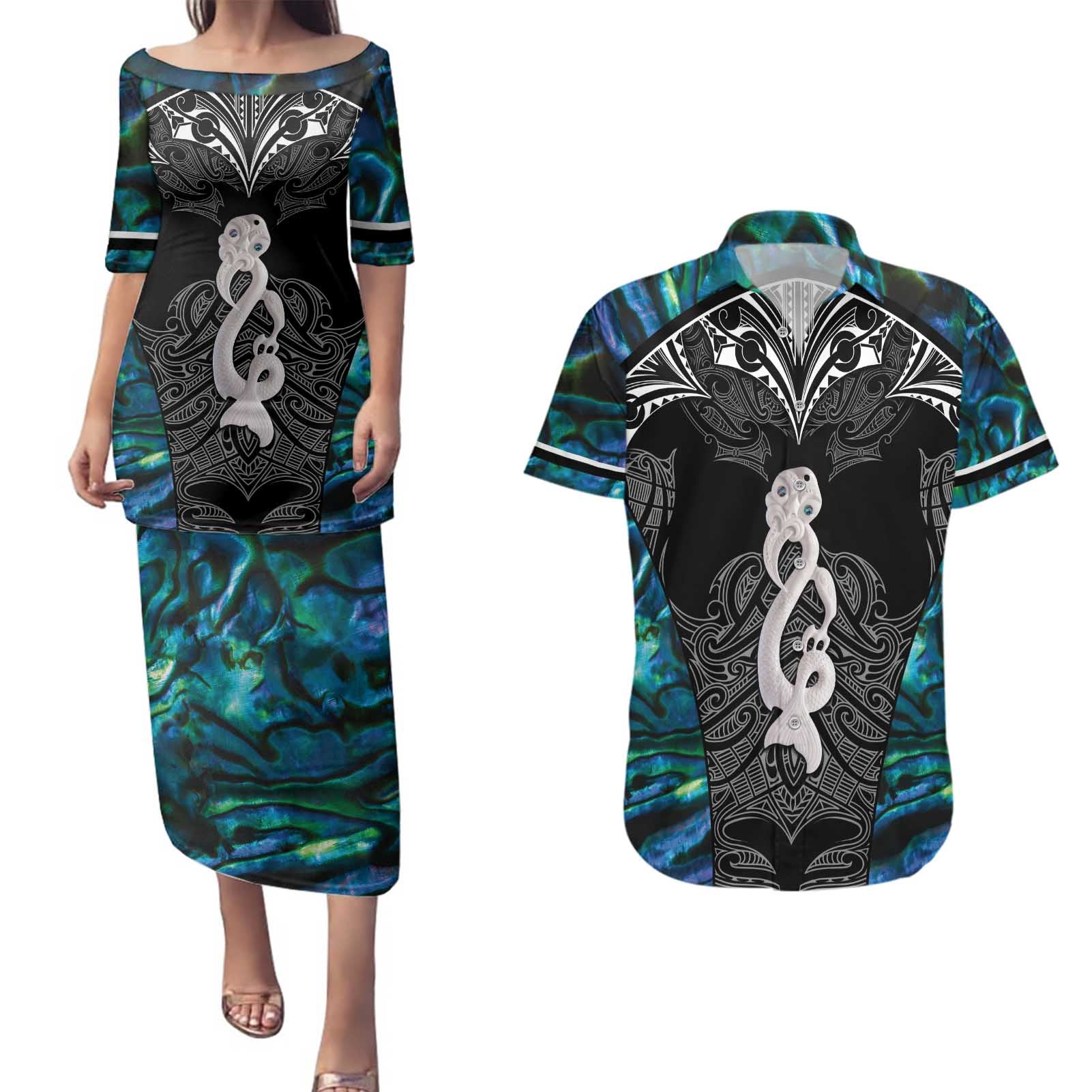 New Zealand Aotearoa Couples Matching Puletasi and Hawaiian Shirt Maori Taniwha Paua Shell