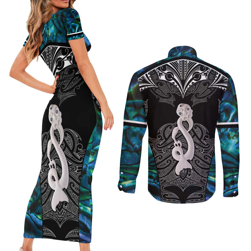 New Zealand Aotearoa Couples Matching Short Sleeve Bodycon Dress and Long Sleeve Button Shirt Maori Taniwha Paua Shell