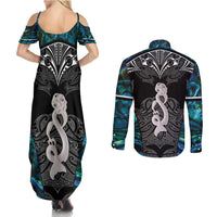 New Zealand Aotearoa Couples Matching Summer Maxi Dress and Long Sleeve Button Shirt Maori Taniwha Paua Shell