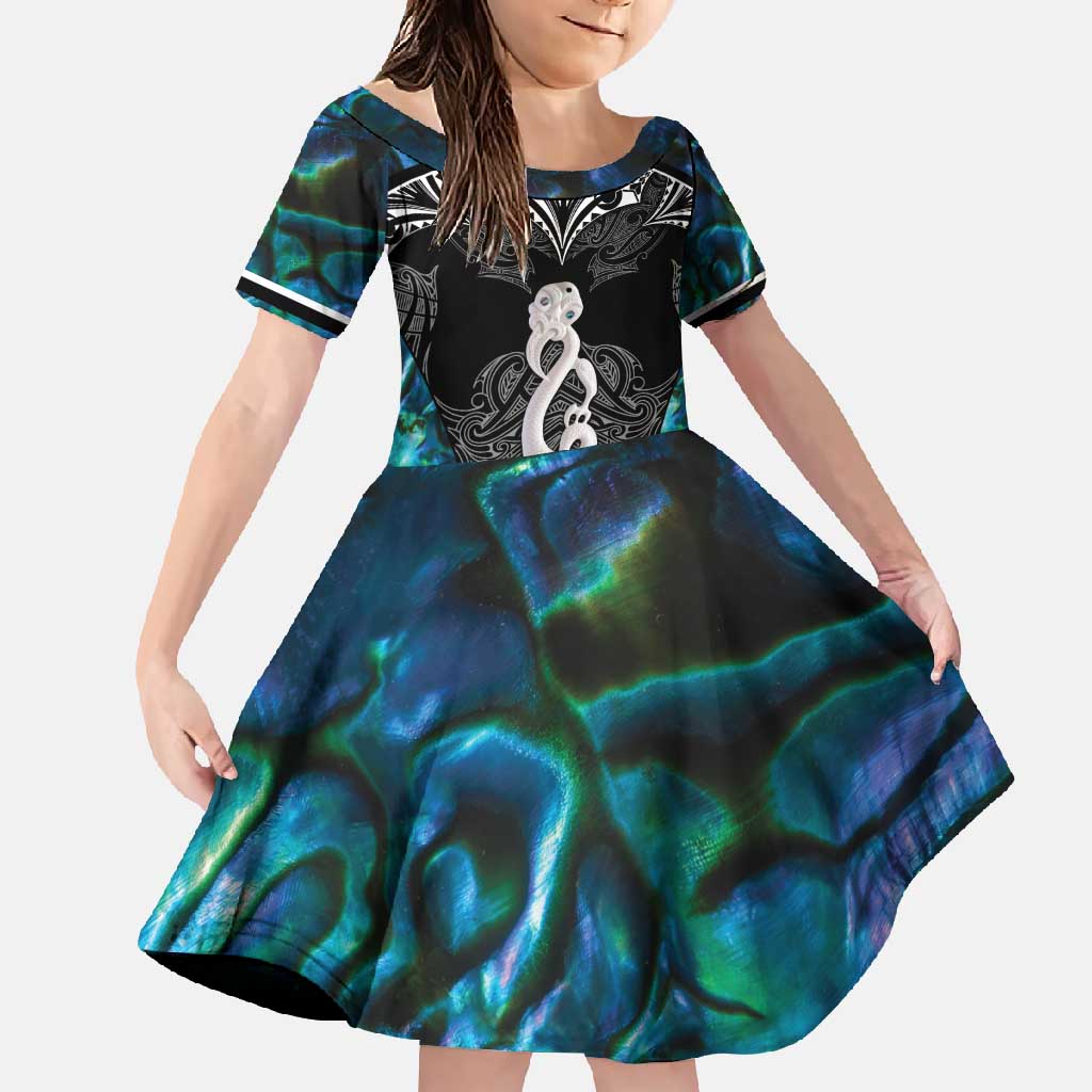 New Zealand Aotearoa Family Matching Summer Maxi Dress and Hawaiian Shirt Maori Taniwha Paua Shell LT05 Daughter's Dress Black - Polynesian Pride