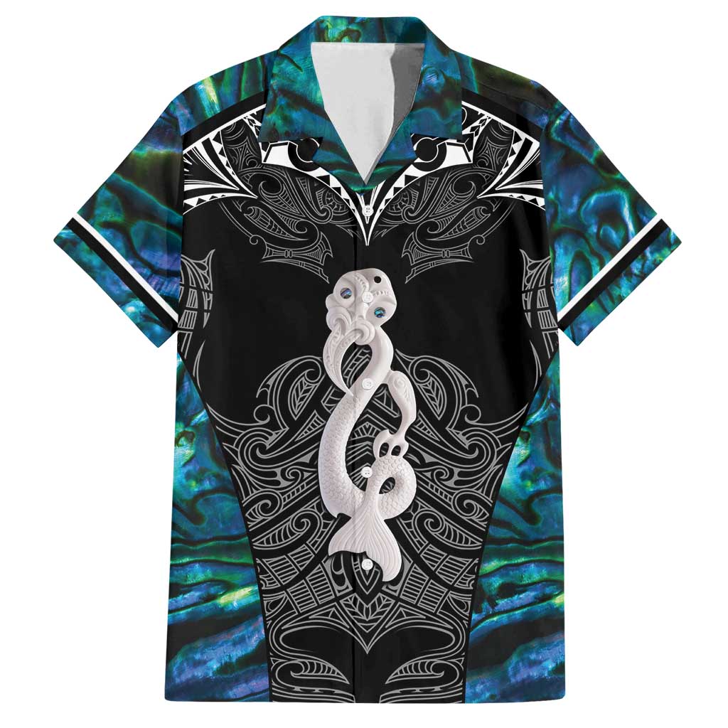 New Zealand Aotearoa Family Matching Summer Maxi Dress and Hawaiian Shirt Maori Taniwha Paua Shell LT05 Dad's Shirt - Short Sleeve Black - Polynesian Pride