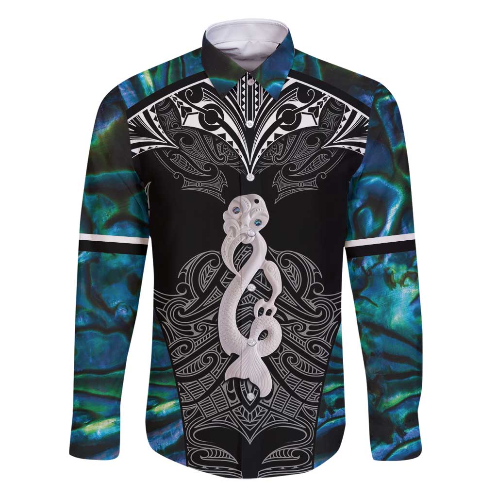 New Zealand Aotearoa Family Matching Summer Maxi Dress and Hawaiian Shirt Maori Taniwha Paua Shell LT05 Dad's Shirt - Long Sleeve Black - Polynesian Pride