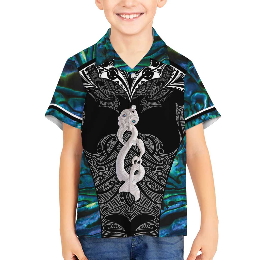 New Zealand Aotearoa Family Matching Summer Maxi Dress and Hawaiian Shirt Maori Taniwha Paua Shell LT05 Son's Shirt Black - Polynesian Pride
