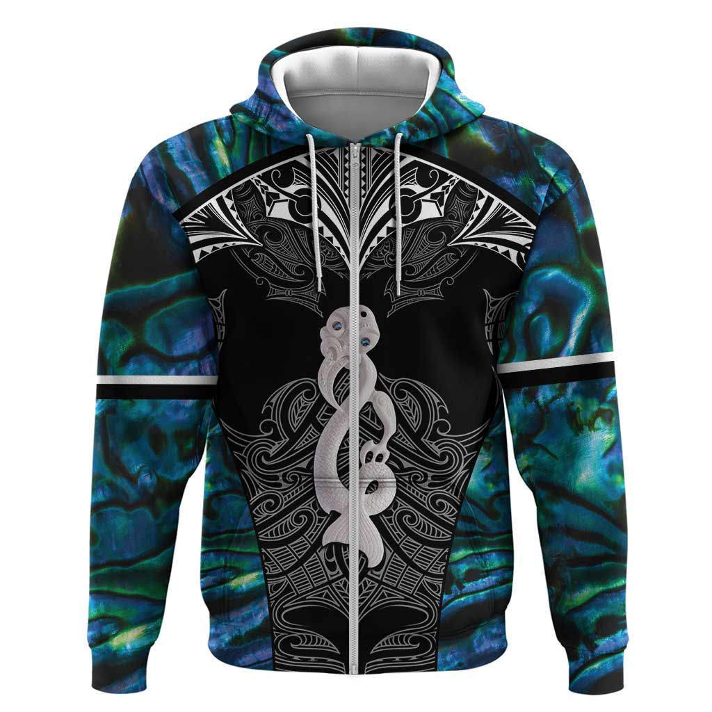 New Zealand Aotearoa Zip Hoodie Maori Taniwha Paua Shell LT05 Zip Hoodie Black - Polynesian Pride
