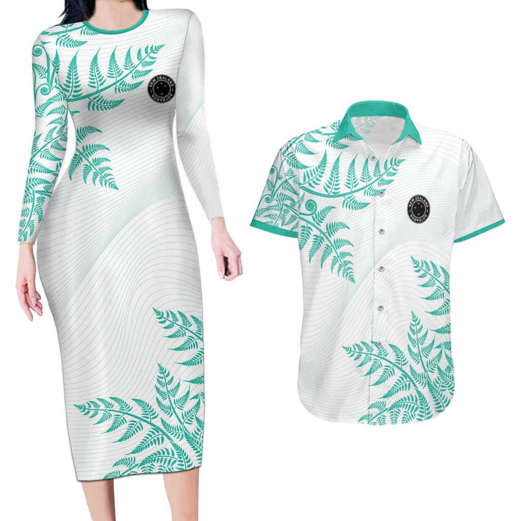 Custom New Zealand Football Couples Matching Long Sleeve Bodycon Dress and Hawaiian Shirt Aotearoa Pride Aqua Version - Polynesian Pride