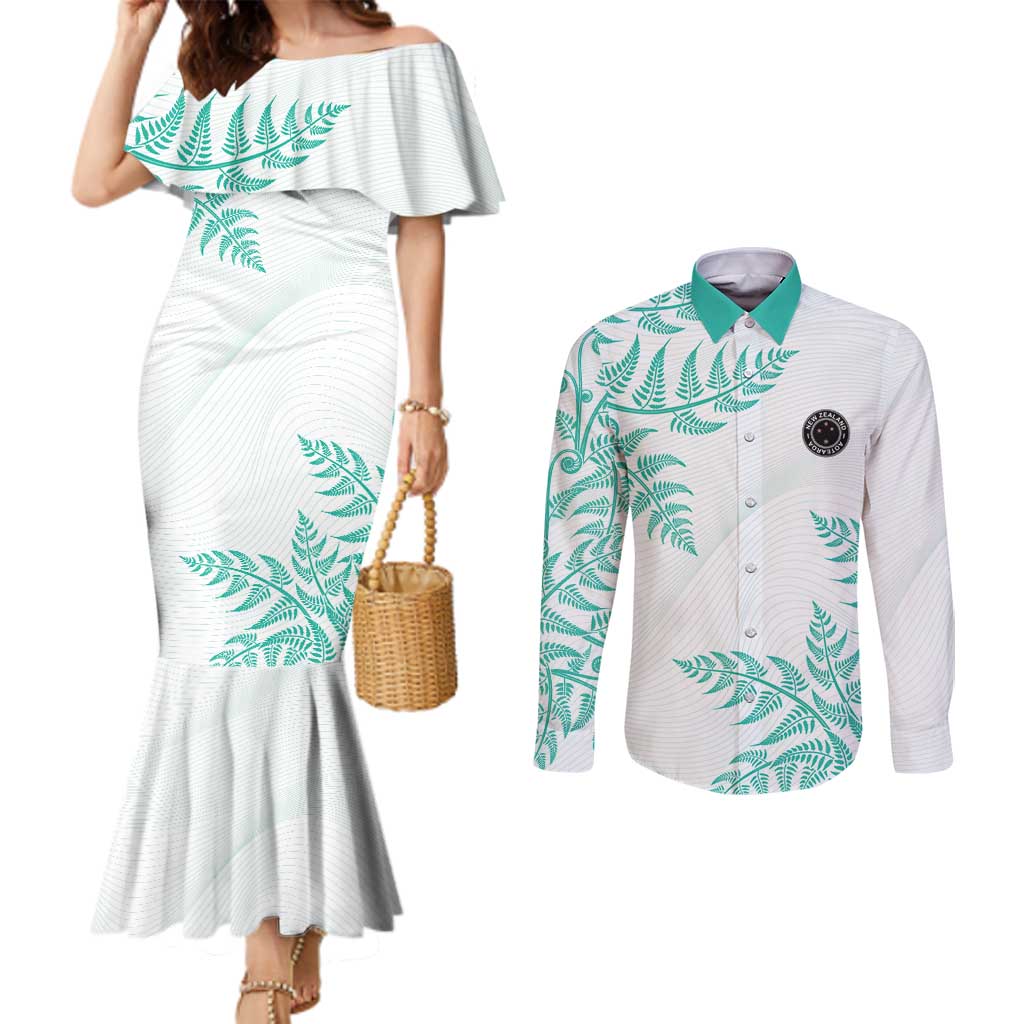 Custom New Zealand Football Couples Matching Mermaid Dress and Long Sleeve Button Shirt Aotearoa Pride Aqua Version - Polynesian Pride
