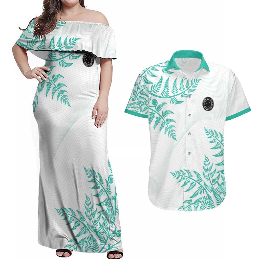 Custom New Zealand Football Couples Matching Off Shoulder Maxi Dress and Hawaiian Shirt Aotearoa Pride Aqua Version - Polynesian Pride