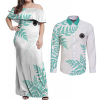 Custom New Zealand Football Couples Matching Off Shoulder Maxi Dress and Long Sleeve Button Shirt Aotearoa Pride Aqua Version - Polynesian Pride
