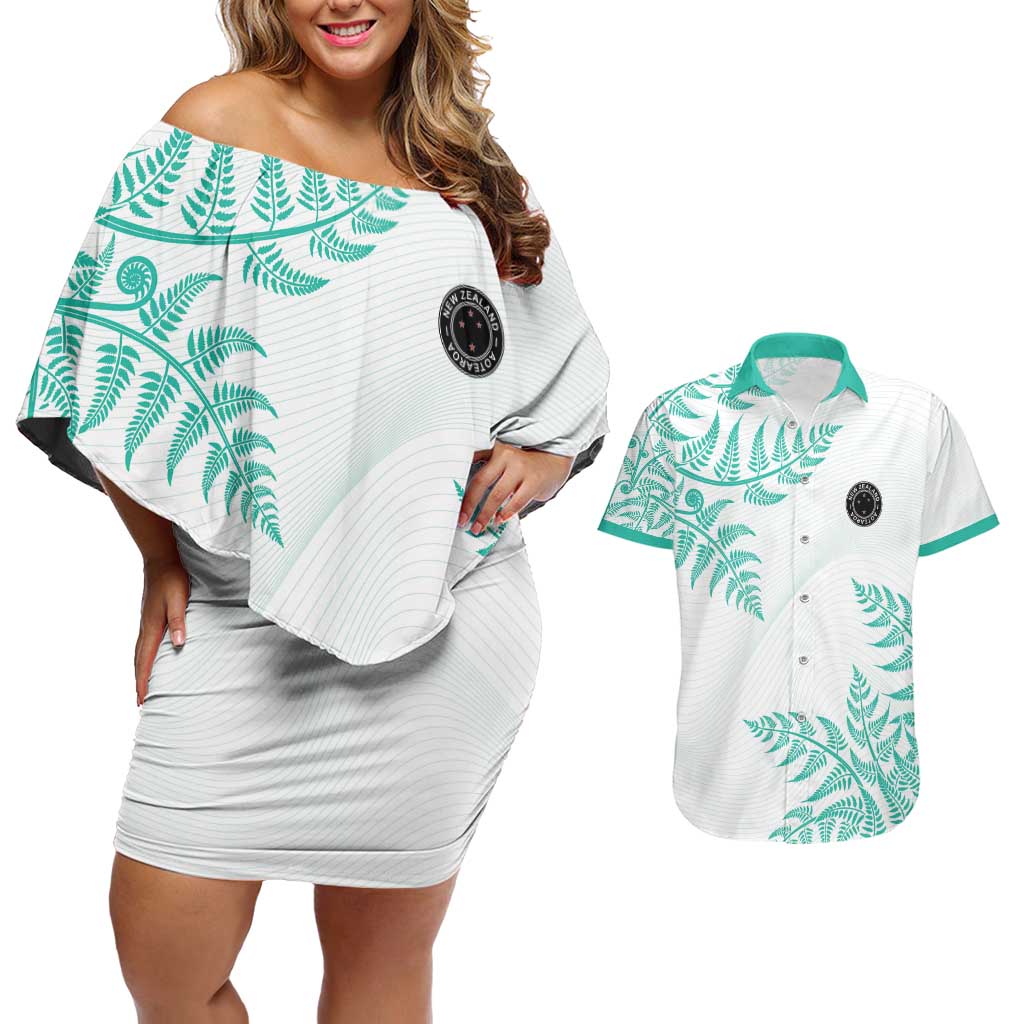 Custom New Zealand Football Couples Matching Off Shoulder Short Dress and Hawaiian Shirt Aotearoa Pride Aqua Version - Polynesian Pride