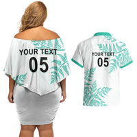 Custom New Zealand Football Couples Matching Off Shoulder Short Dress and Hawaiian Shirt Aotearoa Pride Aqua Version - Polynesian Pride