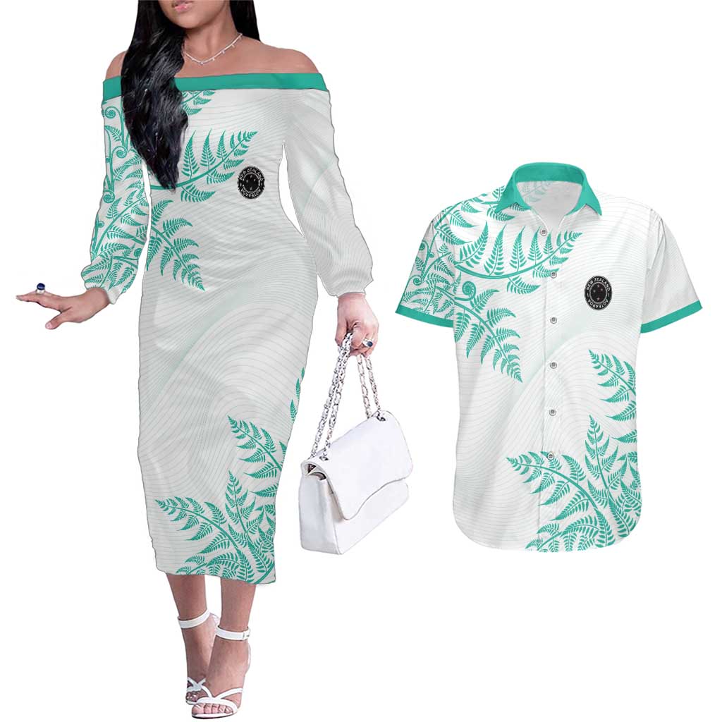 Custom New Zealand Football Couples Matching Off The Shoulder Long Sleeve Dress and Hawaiian Shirt Aotearoa Pride Aqua Version - Polynesian Pride