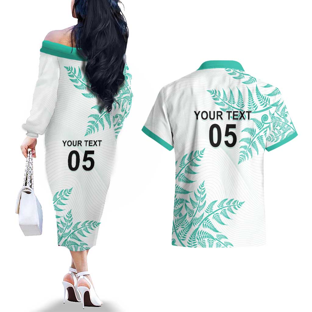 Custom New Zealand Football Couples Matching Off The Shoulder Long Sleeve Dress and Hawaiian Shirt Aotearoa Pride Aqua Version - Polynesian Pride