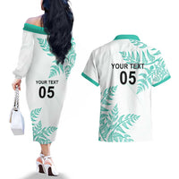 Custom New Zealand Football Couples Matching Off The Shoulder Long Sleeve Dress and Hawaiian Shirt Aotearoa Pride Aqua Version - Polynesian Pride