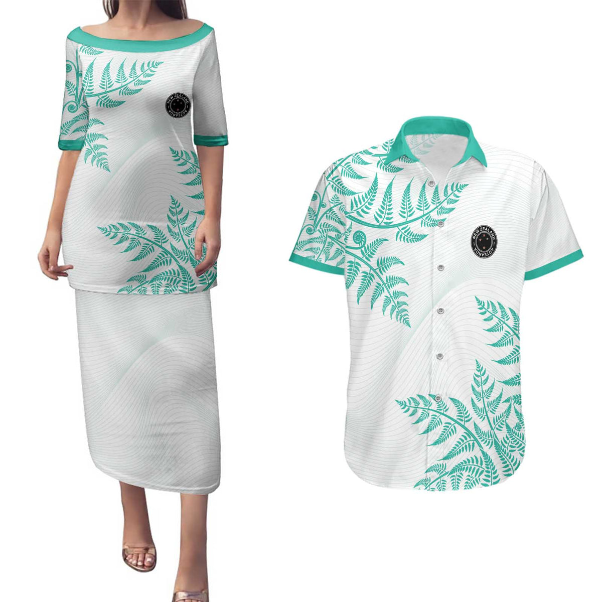 Custom New Zealand Football Couples Matching Puletasi and Hawaiian Shirt Aotearoa Pride Aqua Version - Polynesian Pride