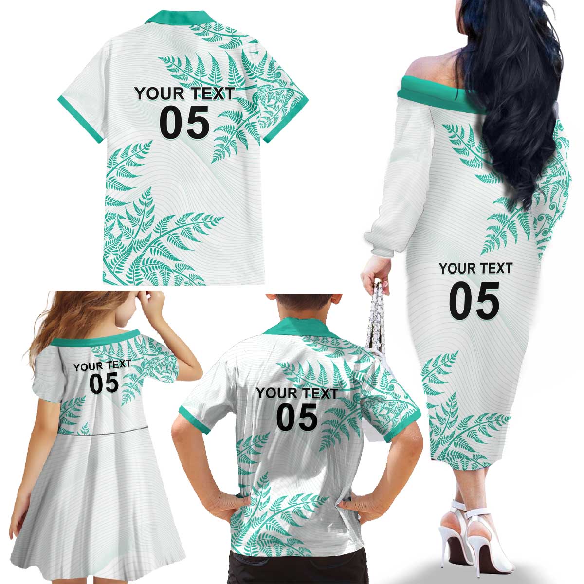 Custom New Zealand Football Family Matching Off The Shoulder Long Sleeve Dress and Hawaiian Shirt Aotearoa Pride Aqua Version - Polynesian Pride