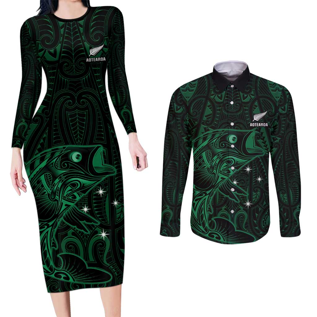 Custom New Zealand Fishing Couples Matching Long Sleeve Bodycon Dress and Long Sleeve Button Shirt Maori Tribal Pattern - Polynesian Pride