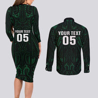 Custom New Zealand Fishing Couples Matching Long Sleeve Bodycon Dress and Long Sleeve Button Shirt Maori Tribal Pattern - Polynesian Pride