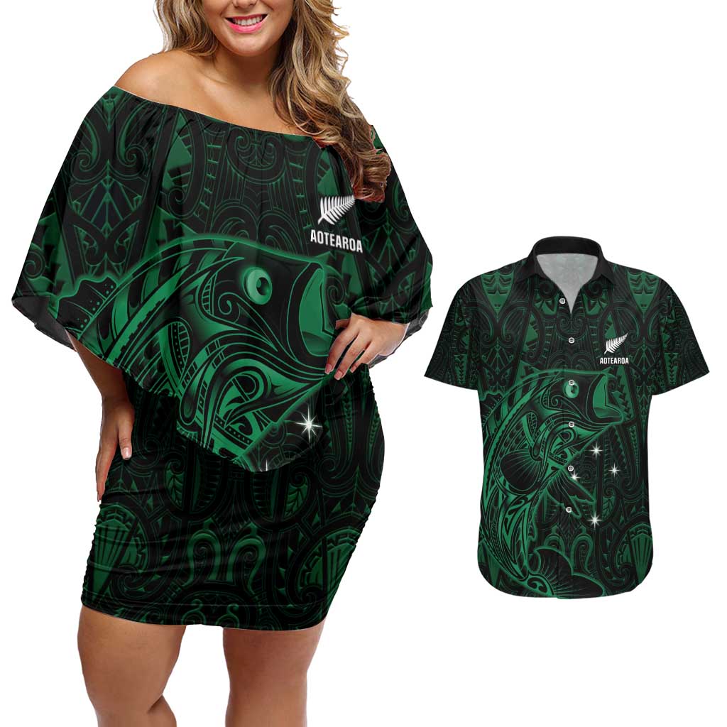 Custom New Zealand Fishing Couples Matching Off Shoulder Short Dress and Hawaiian Shirt Maori Tribal Pattern - Polynesian Pride