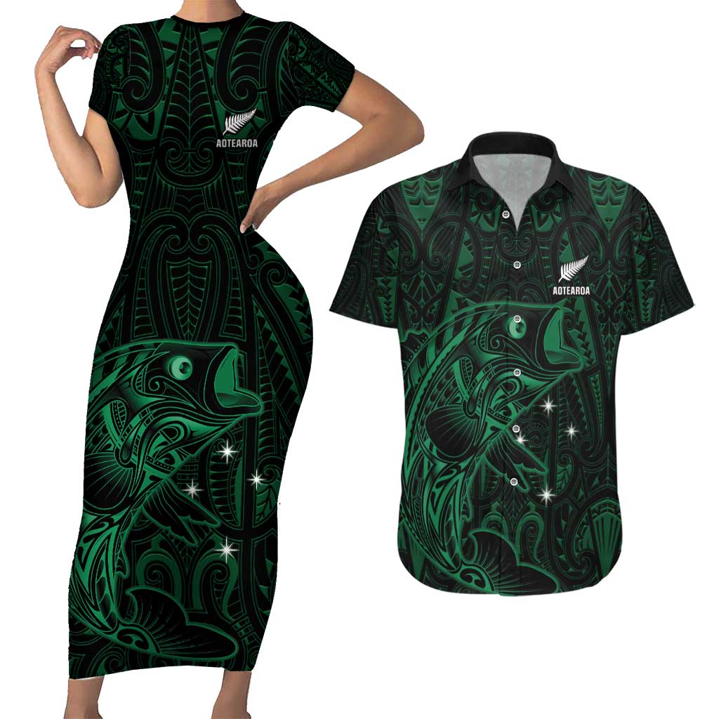 Custom New Zealand Fishing Couples Matching Short Sleeve Bodycon Dress and Hawaiian Shirt Maori Tribal Pattern - Polynesian Pride