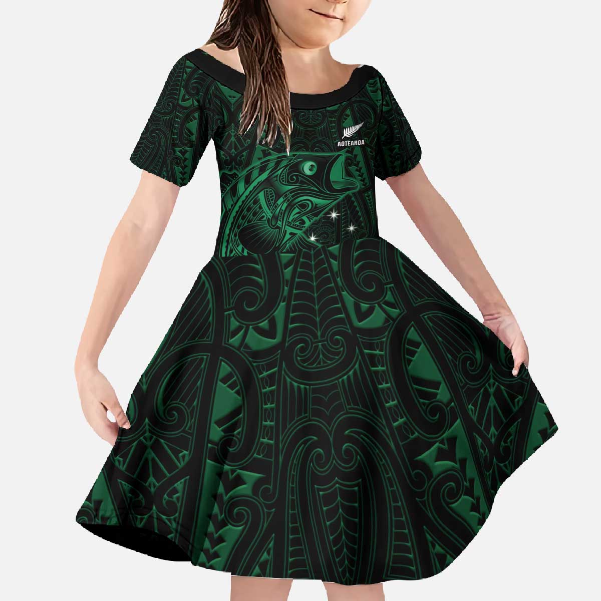 Custom New Zealand Fishing Family Matching Off The Shoulder Long Sleeve Dress and Hawaiian Shirt Maori Tribal Pattern - Polynesian Pride
