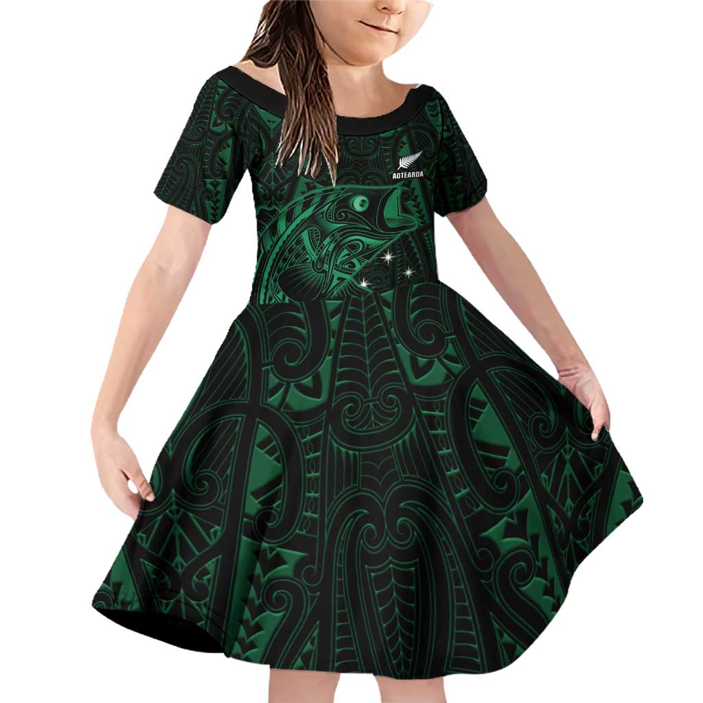 Custom New Zealand Fishing Family Matching Off Shoulder Short Dress and Hawaiian Shirt Maori Tribal Pattern - Polynesian Pride