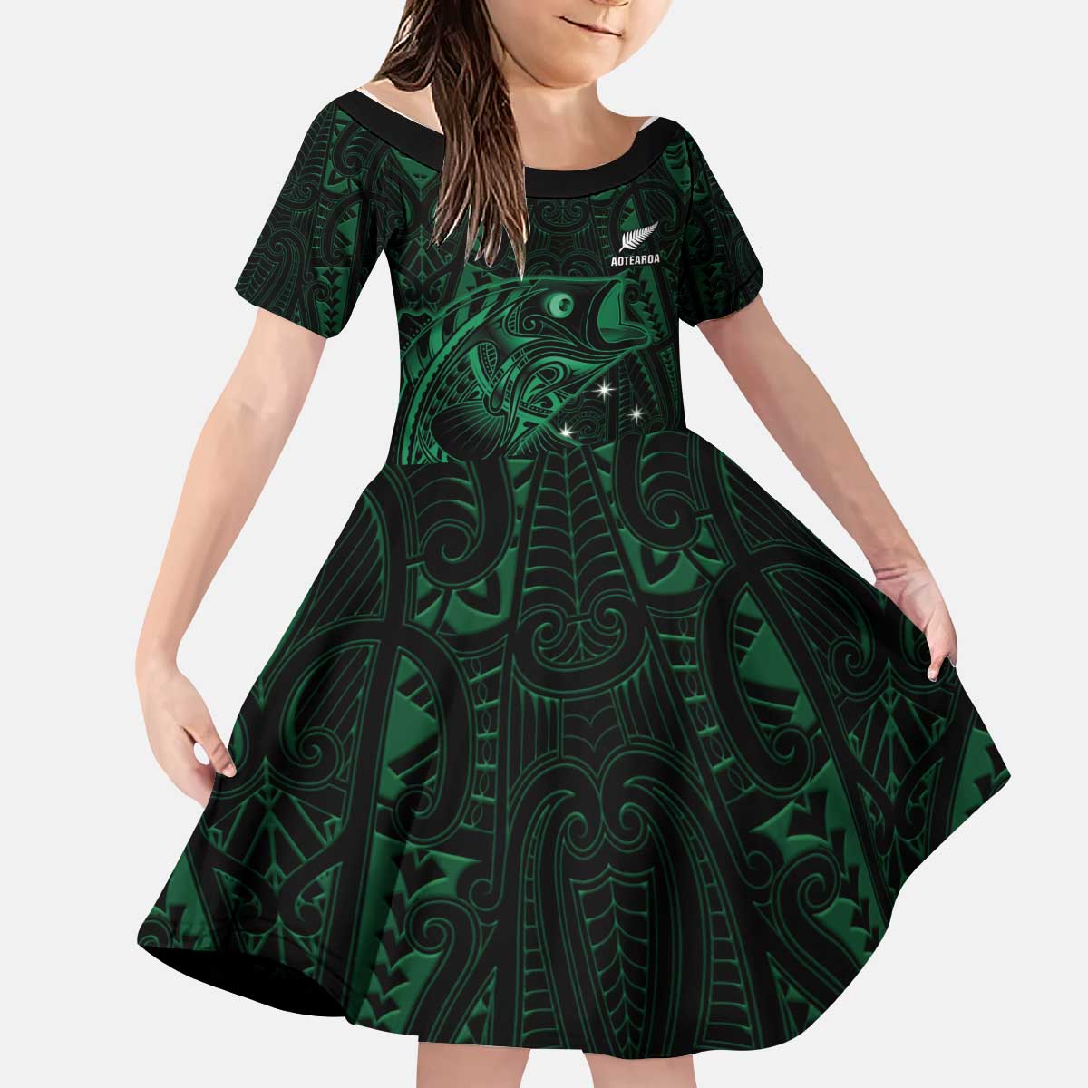 Custom New Zealand Fishing Kid Short Sleeve Dress Maori Tribal Pattern - Polynesian Pride