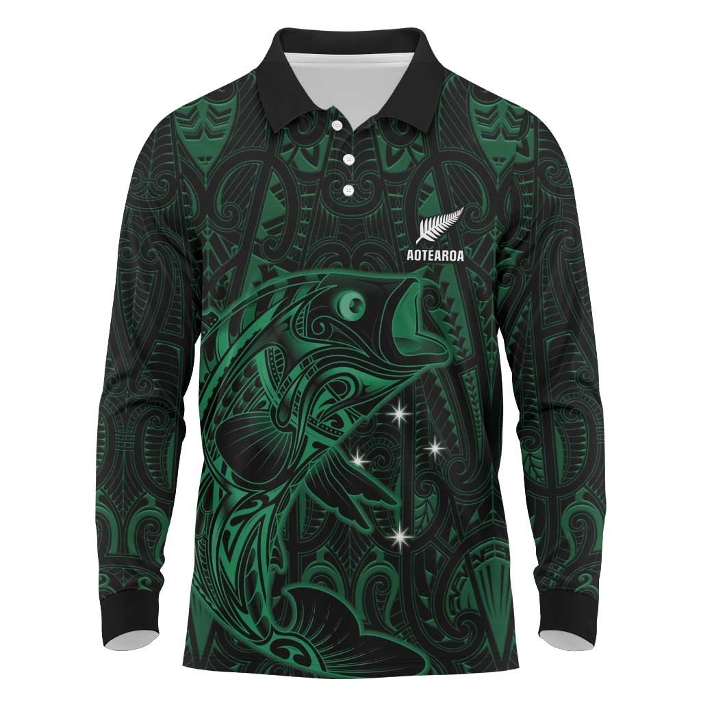 Custom New Zealand Fishing Long Sleeve Polo Shirt Maori Tribal Pattern - Polynesian Pride