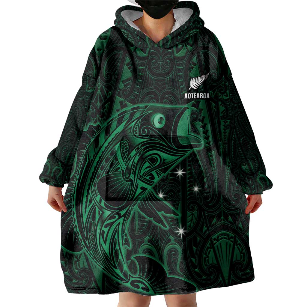 Custom New Zealand Fishing Wearable Blanket Hoodie Maori Tribal Pattern - Polynesian Pride